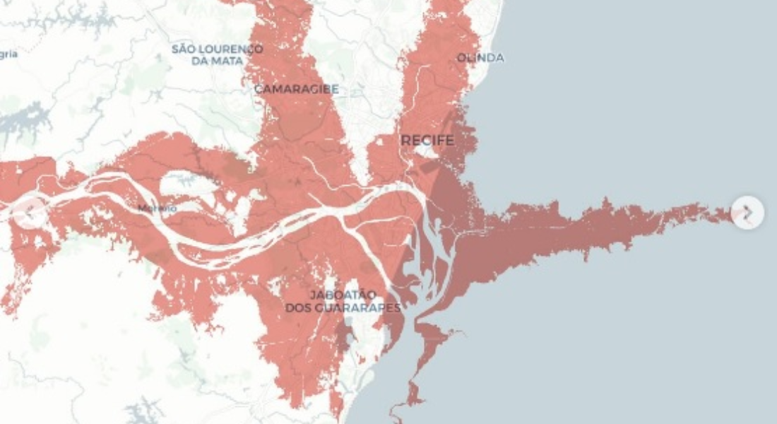 Projeção da mancha de inundação no Rio Grande do Sul, se fosse em Recife