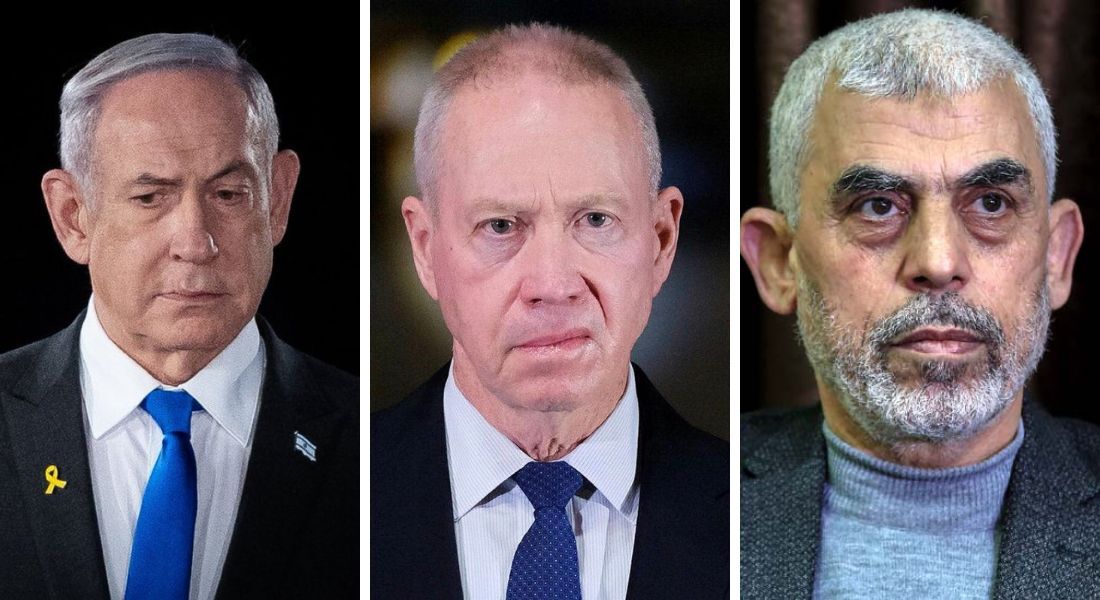 O primeiro-ministro de Israel, Benjamin Netanyahu, o ministro da Defesa Yoav Gallant e o líder do Hamas, Yahya Sinwar