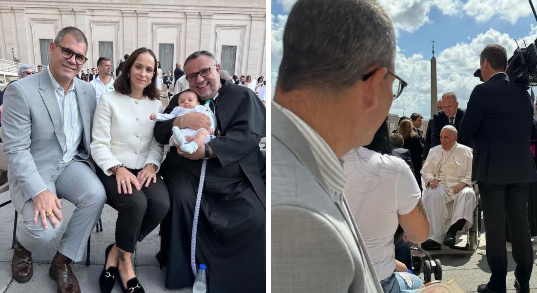 Juliano Cazarré leva filha com doença rara para ser abençoada pelo Papa Francisco, no Vaticano