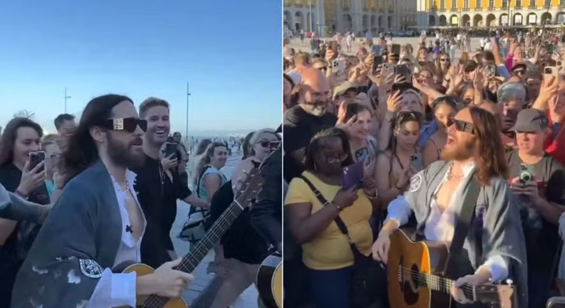 Jared Leto reúne multidão ao se apresentar na Praça do Comércio, em Lisboa, em Portugal 