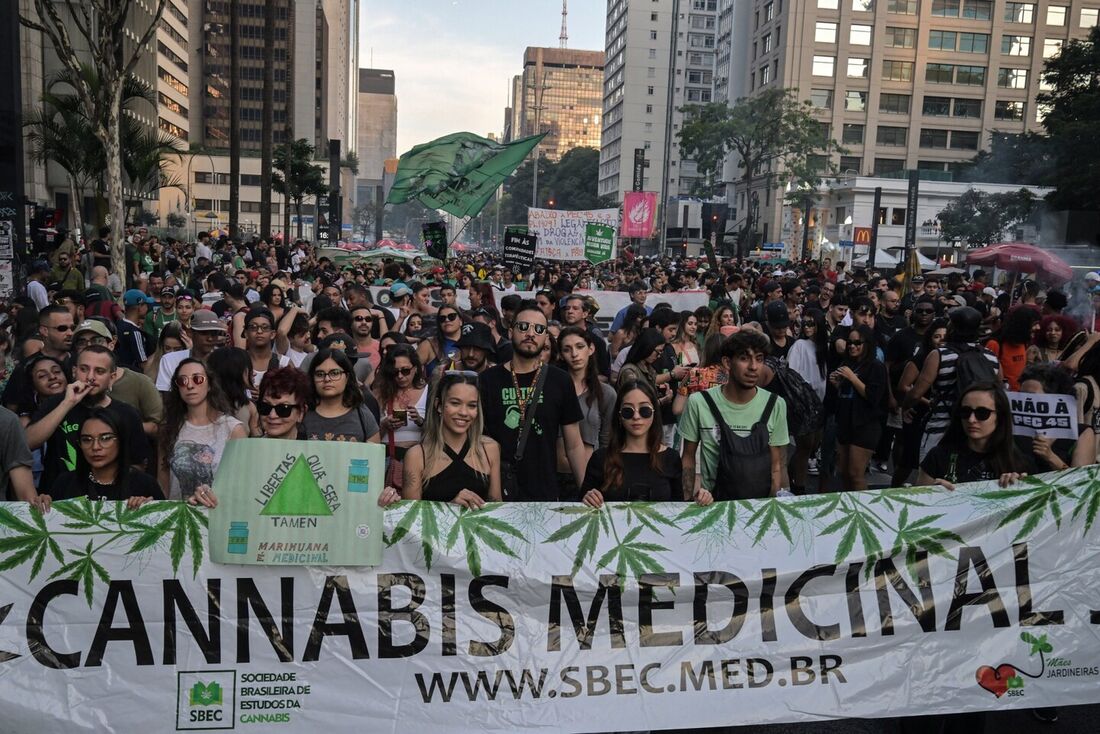 Pessoas participam de manifestação exigindo a legalização da maconha na Avenida Paulista