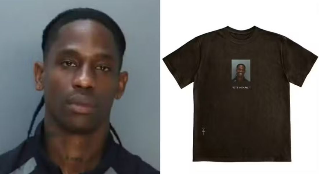 Travis Scott vende camisetas com sua foto após ser preso por desordem pública e embriaguez, em Miami