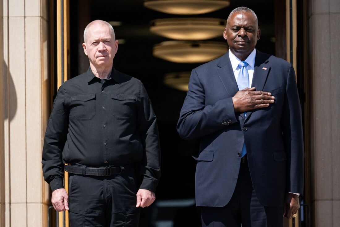 US Secretary of Defense Lloyd Austin (R) welcomes Israeli Defense Minister Yoav Gallant to the Pentagon in Washington, DC