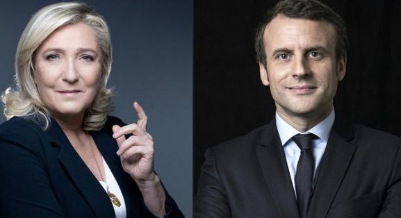 Marine Le Pen (E) e o atual presidente da França, Emmanuel Macron (D). 