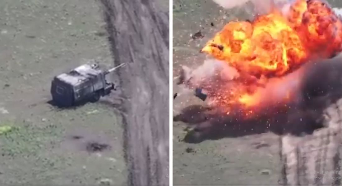 Drone ucraniano explode "tanque-tartaruga" russo