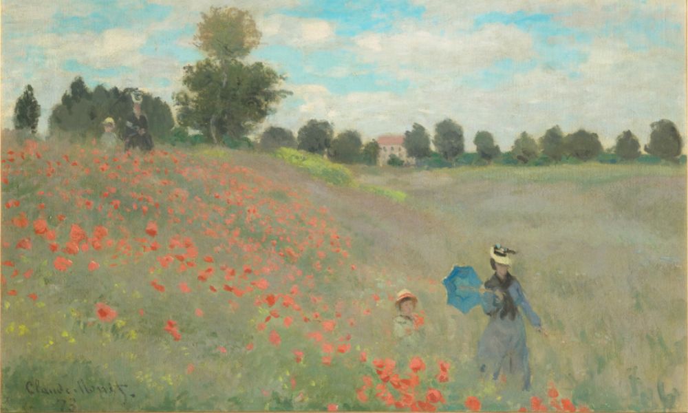 Ativista colao um cartaz vermelho sobre o quadro ''Coquelicots'' (Poppies) de Claude Monet