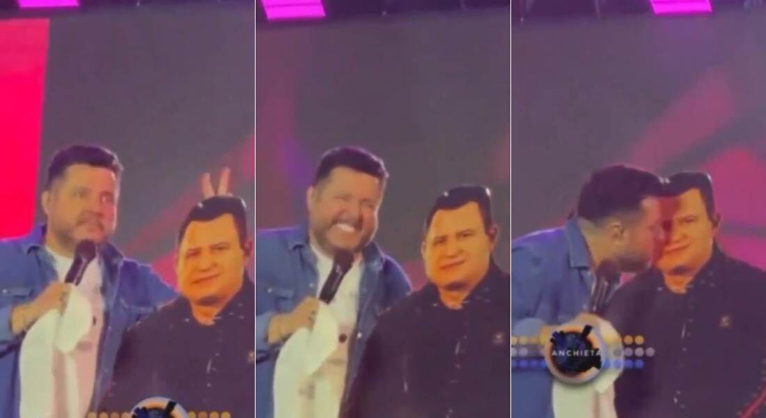 Bruno canta com Marrone de papelão em show 