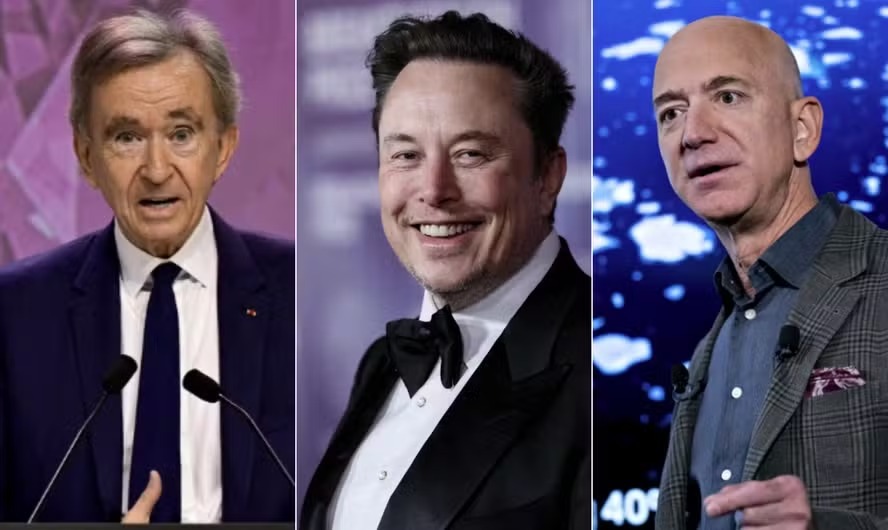 Bernard Arnault, Elon Musk e Jeff Bezos 