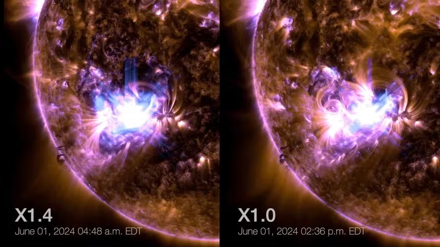 O Solar Dynamics Observatory da NASA capturou essas imagens de duas erupções solares  vistas como flashes brilhantes perto do centro das imagens  em 1&ordm; de junho 