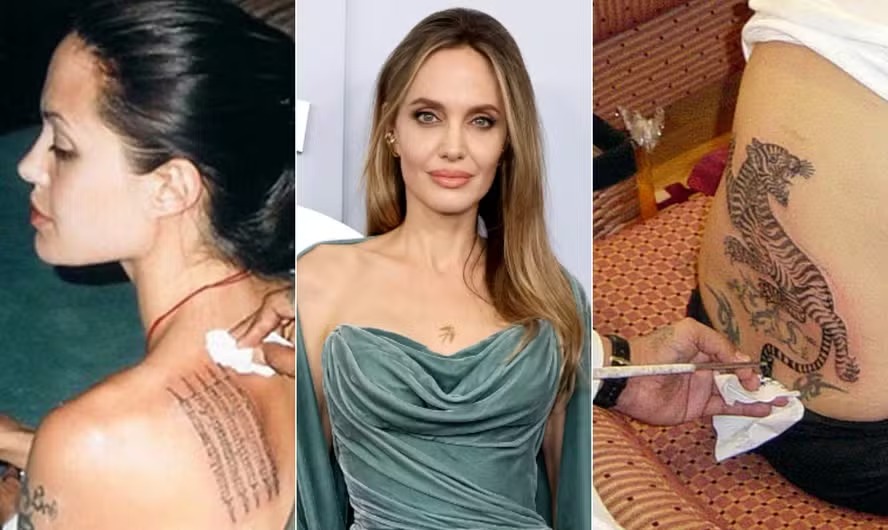 Angelina Jolie tem tatuagens de oração khmer, andorinha e tigre nas costas 