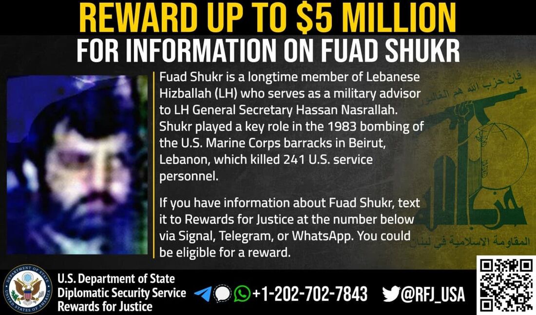 Cartaz dos Estados Unidos, em data não informada, com imagem do comandante militar do Hezbollah Fuad Shukr.