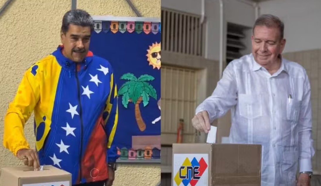 Nicolás Maduro e o candidato de oposição à presidência da Venezuela, Edmundo González, durante votação nas eleições venezuelanas 