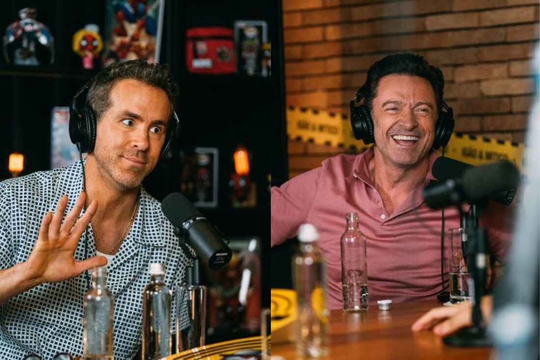 Hugh Jackman e Ryan Reynolds durante entrevista no Podpah