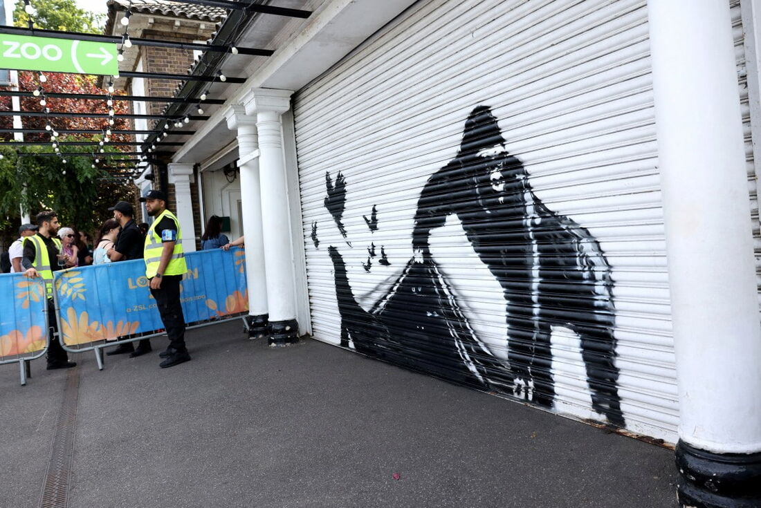 Uma obra de arte do artista de rua Banksy, a nona a ser lançada em nove dias, retrata um gorila soltando animais, na frente de uma veneziana do lado de fora do zoológico de Londres