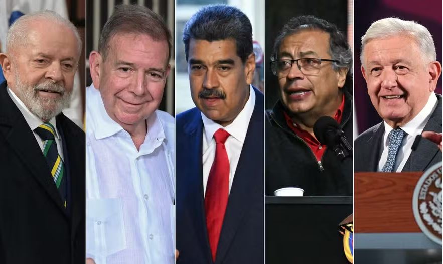 Da esquerda para a direita: presidente do Brasil, Luiz Inácio Lula da Silva; o candidato oposicionista à presidência da Venezuela, Edmundo González; o ditador venezuelano, Nicolás Maduro; o presidente da Colômbia, Gustavo Petro, e do México, López Obrador