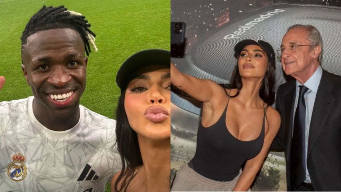 Kim Kardashian tira foto com Vinicius Júnior e Florentino Pérez