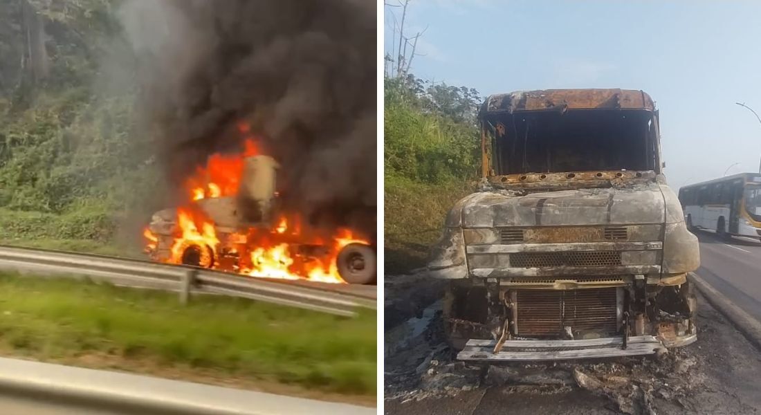 Imagens mostram o caminhão pegando fogo e após a extinção das chamas, já totalmente destruído