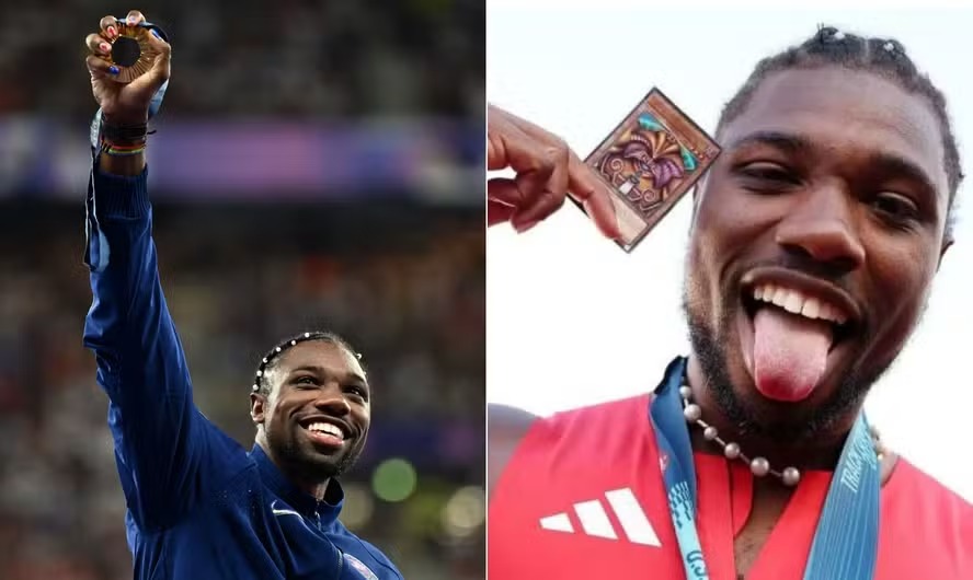 Noah Lyles com o ouro olímpico e a carta Exodia, de Yu-Gi-Oh! 