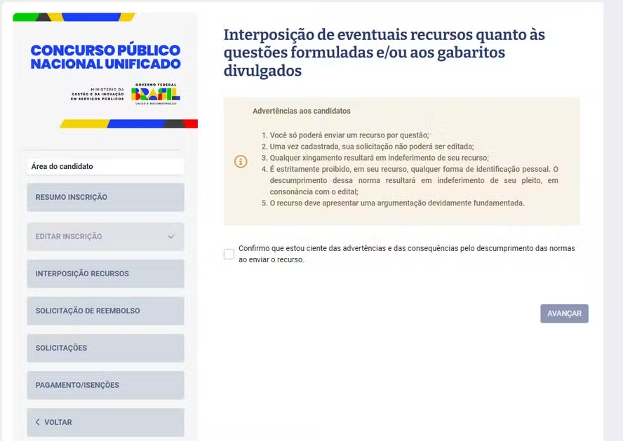 Página para solicitação de recurso na Área do Candidato 