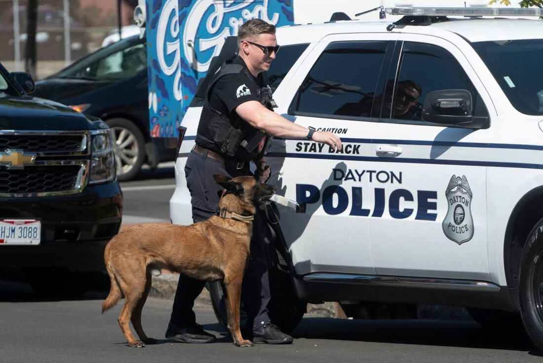 Um policial de Dayton e seu cachorro retornam ao seu veículo após varrer o terreno da Prefeitura de Springfield em busca de explosivos após ameaças de bomba terem sido feitas contra prédios no início do dia em Springfield, Ohio