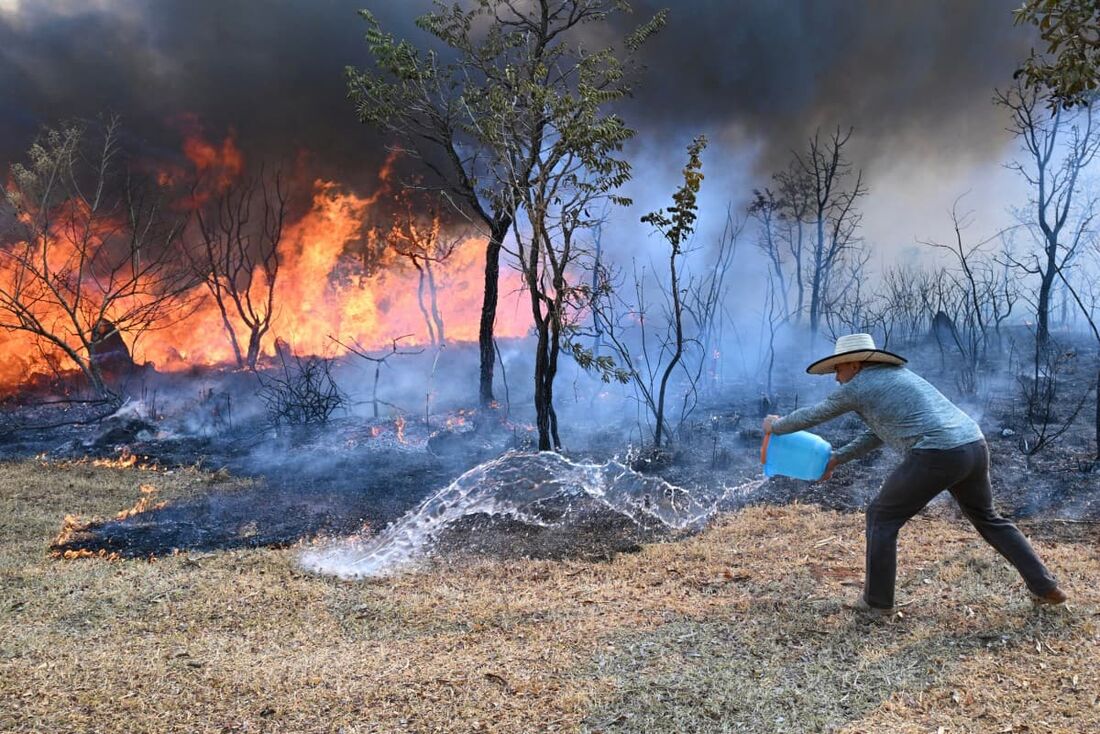 Moradores próximos ao Parque Nacional de Brasília jogam baldes com água para conter o incêndio florestal