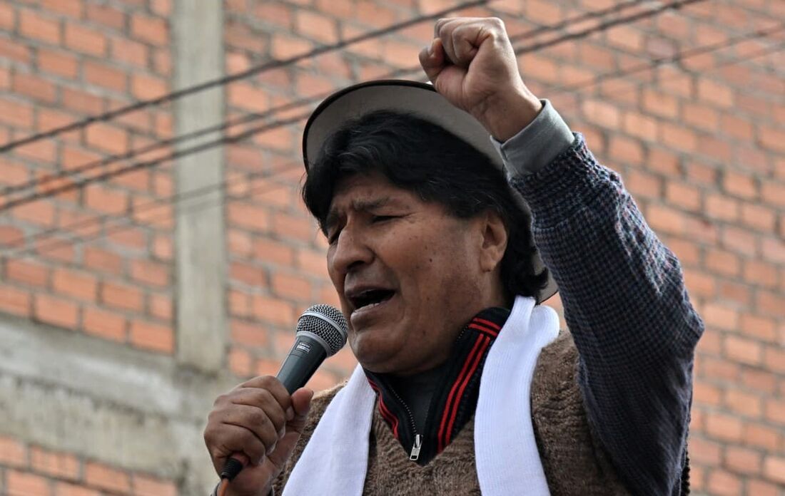 O ex-presidente boliviano (2006-2019) Evo Morales Ayma discursa para apoiadores antes do início da chamada "Marcha para Salvar a Bolívia" - contra seu antigo aliado, o líder esquerdista Luis Arce 