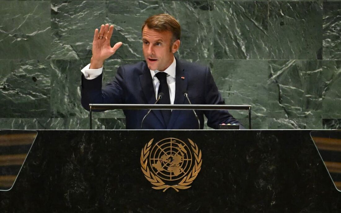 O presidente francês Emmanuel Macron discursa durante a 79ª Sessão da Assembleia Geral das Nações Unidas na sede das Nações Unidas