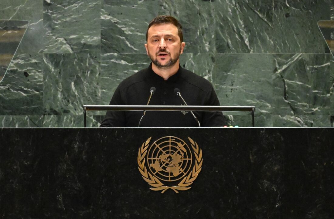 Volodymyr Zelensky, presidente da Ucrânia, em discurso na sede da ONU