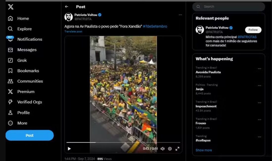 Perfil na rede social bloqueada X mostra concentração de pessoas em manifestação bolsonarista na Avenida Paulista 