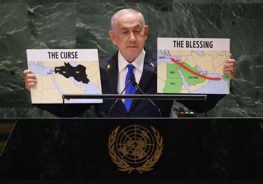 Benjamin Netanyahu, premier de Israel, mostra mapas do Oriente Médio em discurso na ONU 