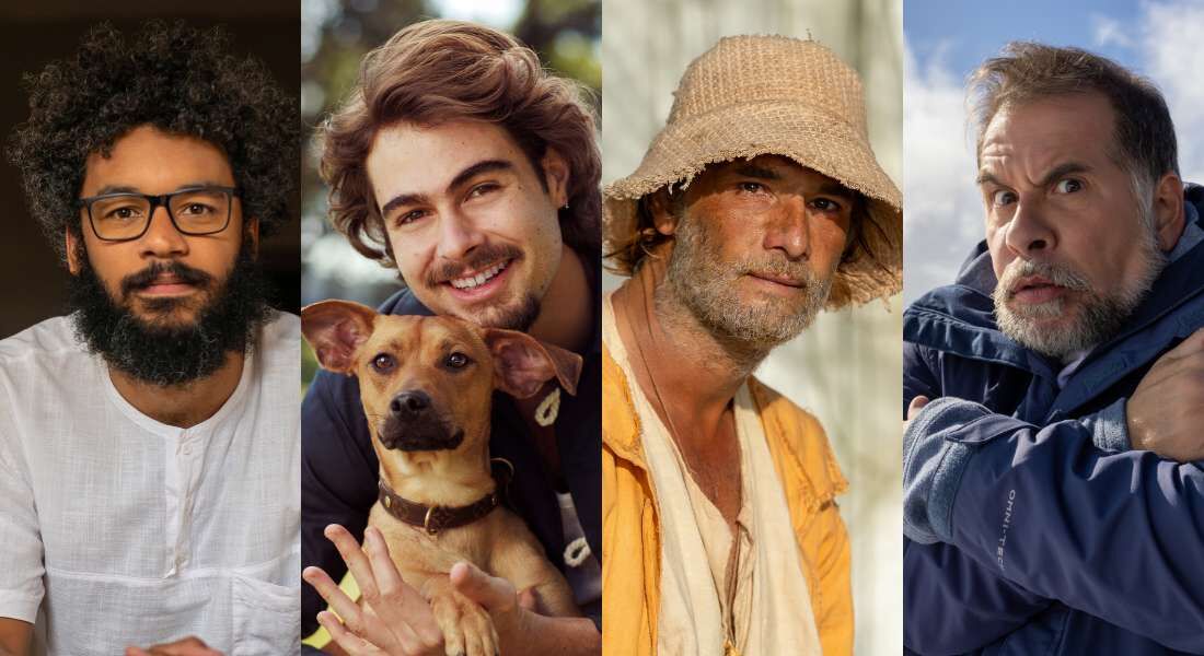 O diretor Gabriel Martins e os atores Rafael Vitti, Rodrigo Santoro e Leandro Hassum 