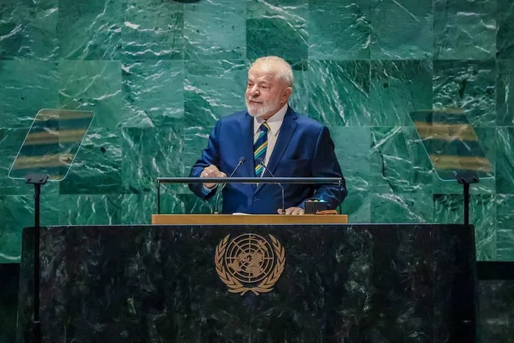 O presidente Luiz Inácio Lula da Silva em discurso na ONU, em 2023 