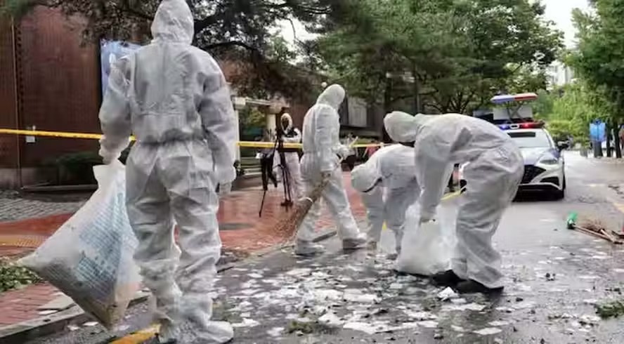 Autoridades sul-coreanas limpam o conteúdo de um balão de lixo enviado pela Coreia do Norte após ele pousar em uma rua de Seul em 24 de julho de 2024 