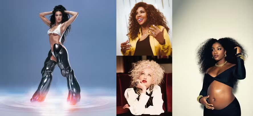 A partir da esquerda: Katy Perry, Gloria Gaynor, Cyndi Lauper e Iza, atrações do Dia Delas no Rock in Rio 2024 