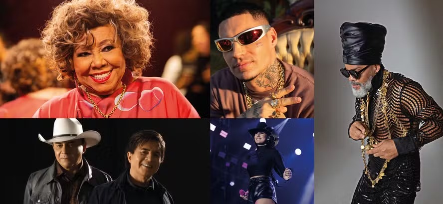 A partir do alto em sentido horário: Alcione, Filipe Ret, Carlinhos Brown, Ana Castela e Chitãozinho e Xororó