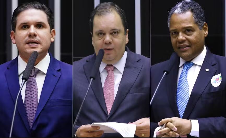 Os deputados Hugo Motta (Republicanos-PB), Elmar Nascimento (União-BA) e Antonio Brito (PSD-BA): corrida pela sucessão de Arthur Lira 