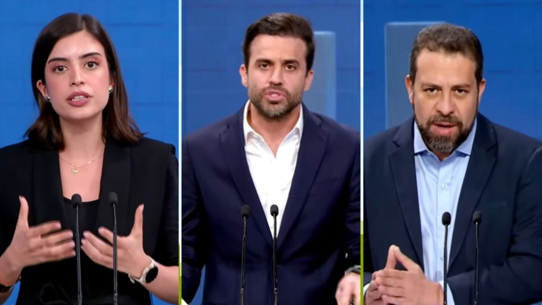 Tabata Amaral (à esquerda), Pablo Marçal (no meio) e Guilherme Boulos (à direita)