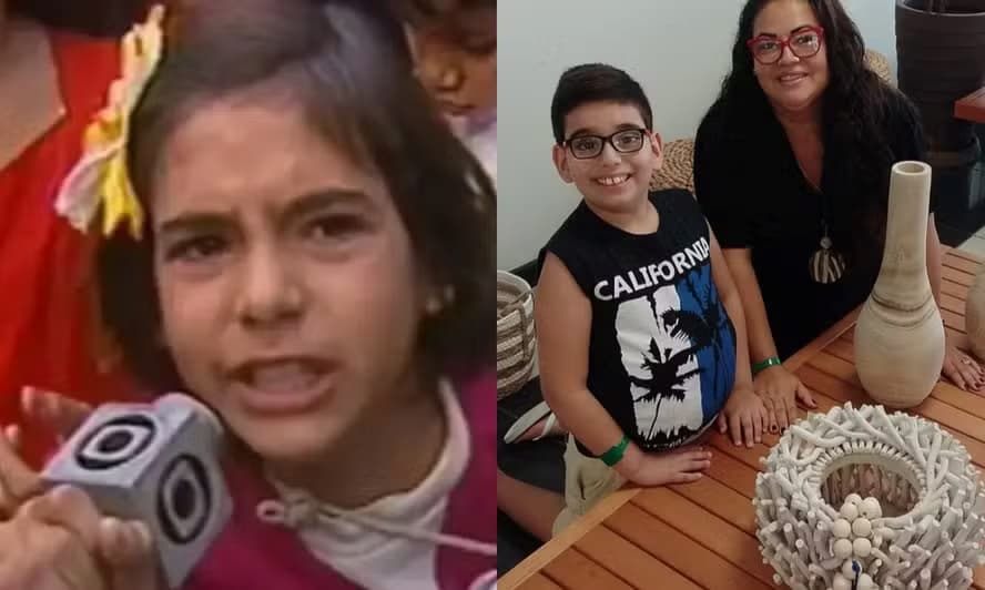 Patricia Veloso na infância e, à direita, com o filho Davi, de 9 anos