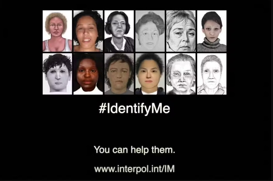 Tela de imagem estática retirada de um vídeo da Interpol disponibilizado em seu site em 8 de outubro de 2024 mostra uma combinação de mulheres não identificadas como parte da campanha para identificar 46 mulheres cujos restos mortais já foram encontrados