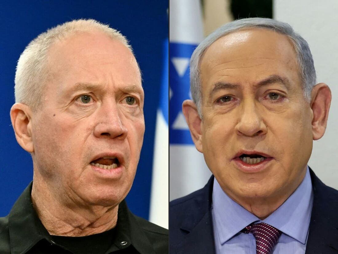 O Ministro da Defesa de Israel, Yoav Gallant (E), e o Primeiro Ministro Benjamin Netanyahu