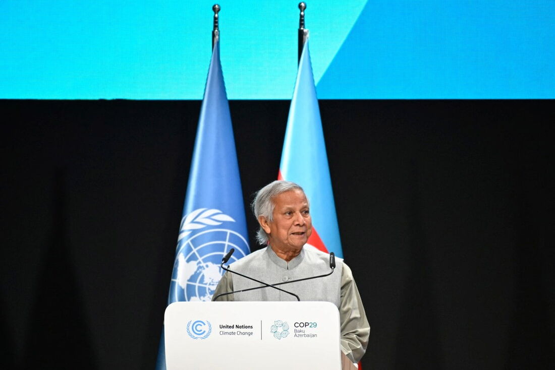 O líder interino de Bangladesh, Muhammad Yunus, faz um discurso durante a Conferência das Nações Unidas sobre Mudanças Climáticas (COP29) 