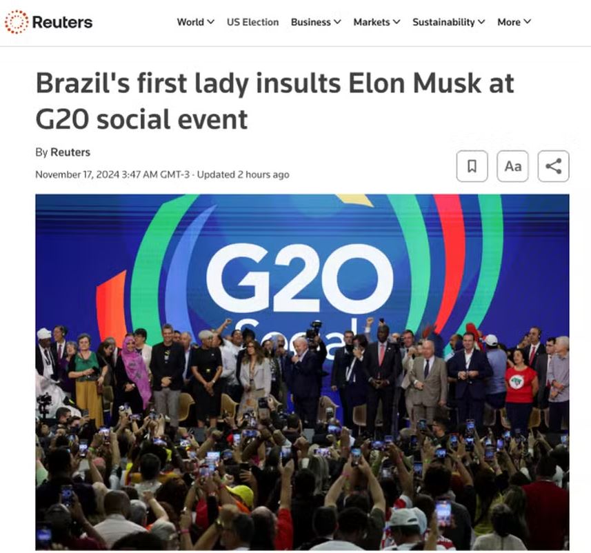 Reuters: "Primeira-dama do Brasil insulta Elon Musk em evento do G20 Social"