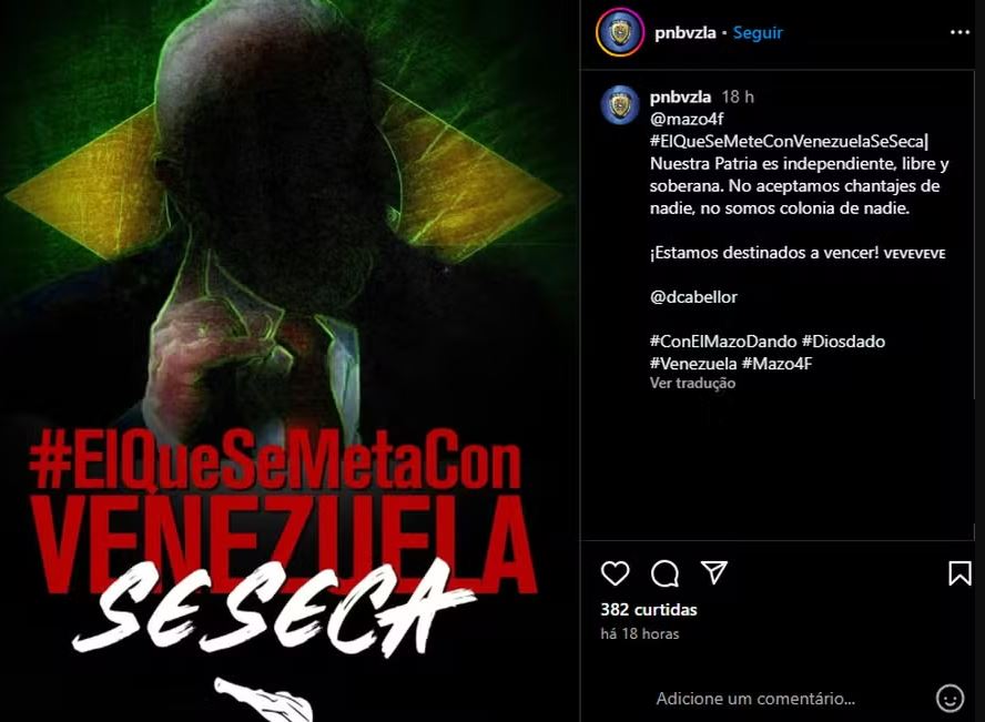 Perfil da polícia venezuelana no Instagram faz post com silhueta de Lula e bandeira do Brasil: "Quem se mete com a Venezuela se dá mal"