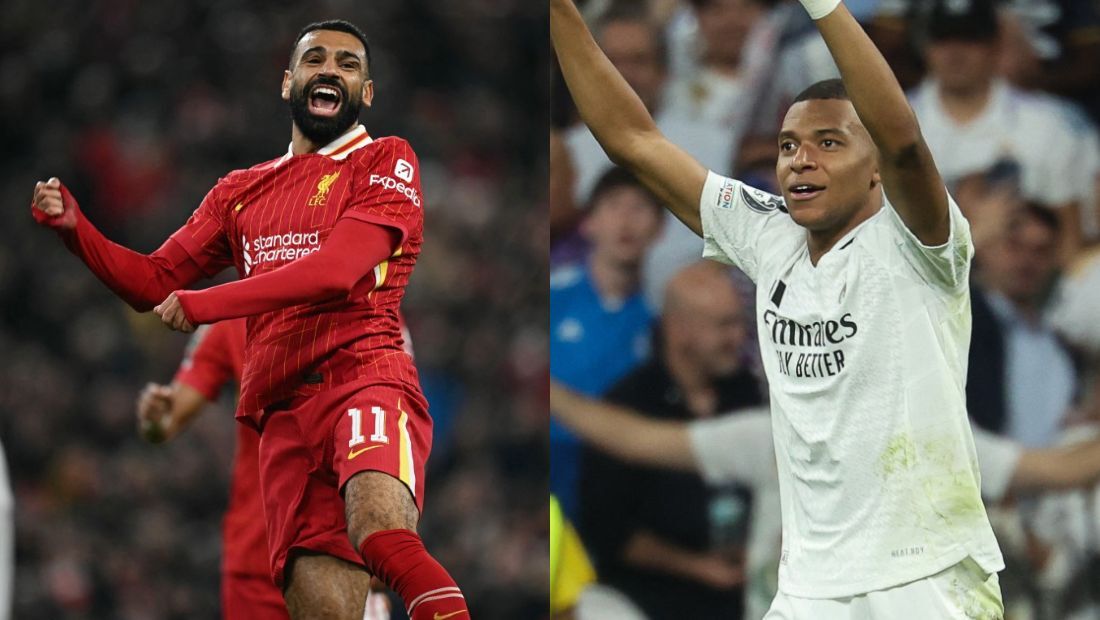 Salah, jogador do Liverpool, e Mbappé, jogador do Real Madrid