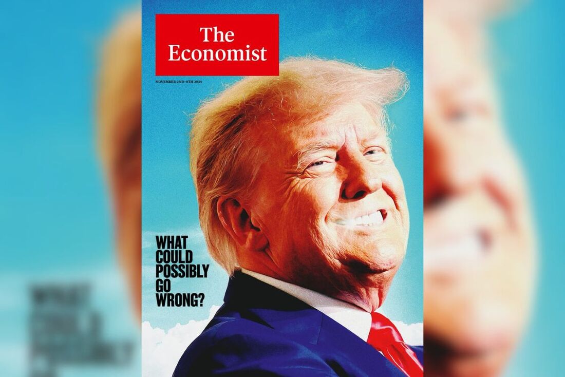 A revista britânica The Economist, que declarou apoio à candidata Kamala Harris, tem em sua capa arte com o candidato republicano Donald Trump, com a legenda: "O que poderia dar errado?"