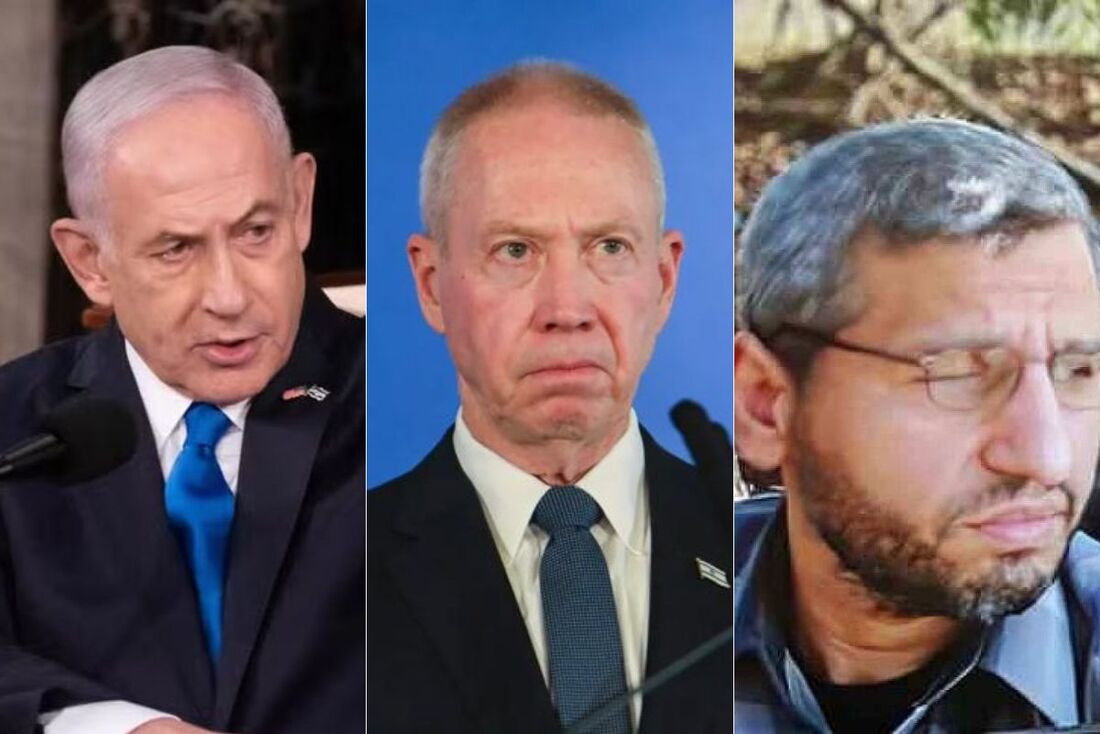 O primeiro-ministro israelense, Benjamin Netanyahu, seu ex-ministro da Defesa, Yoav Gallant, e o chefe militar do Hamas, Mohammed Deif