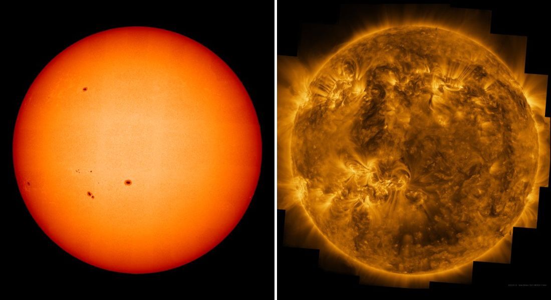 Superfície do Sol brilhando em luz visível, exceto por algumas manchas solares frias e escuras; gás quente carregado fluindo ao redor do Sol através de sua atmosfera externa, a corona