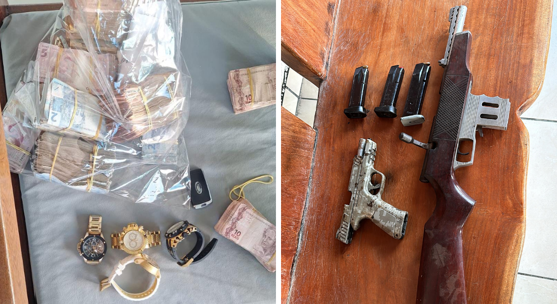 "Holding do Crime": entre os materiais já apreendidos pela polícia, dinheiro em espécie em quantia ainda não contabilizada pela polícia, armas, munições e relógios