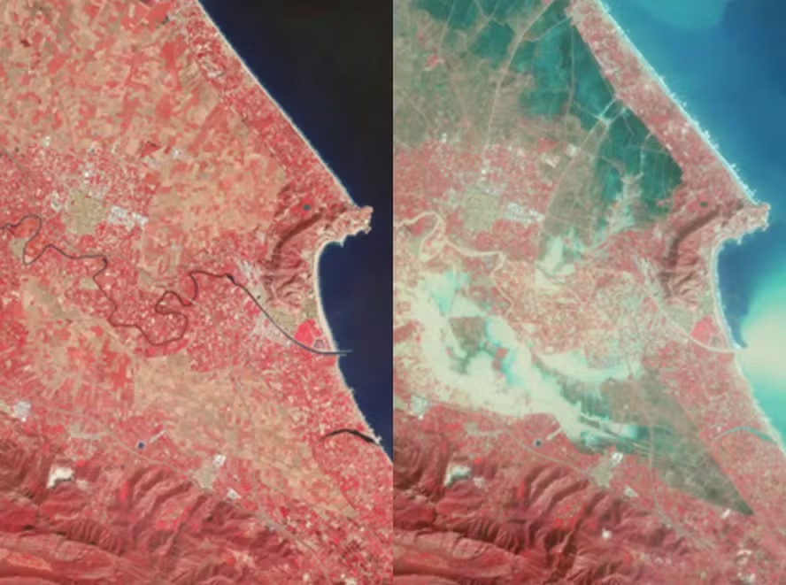 Antes e depois da costa espanhola, afetada por fenômeno Dana 