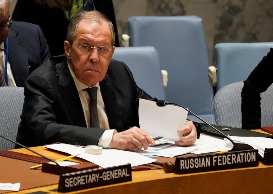 O chancele russo, Sergei Lavrov, durante sessão do Conselho de Segurança da ONU 